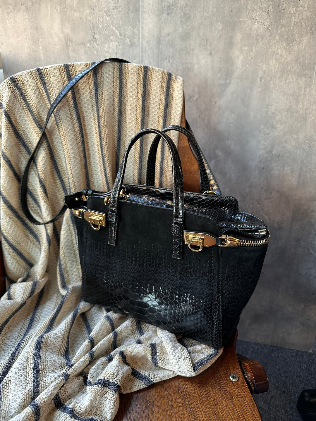 Ferragamo Suede & Snakeskin 2-Way Top Handle Bag ✨