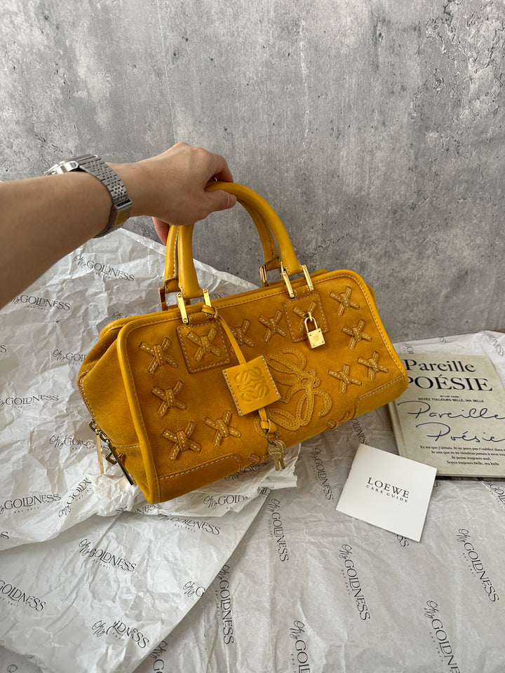 LOEWE Anagram Suede Satchel — Mustard Yellow ✨ Statement Vintage | Embroidered Detailing