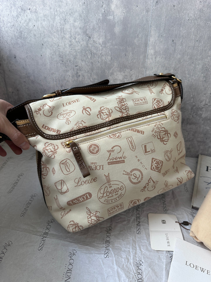 LOEWE 160th Anniversary “Biscuit” Crossbody – Logo Stamp Canvas × Leather Trim 🍪🤎 Comes Full Set!