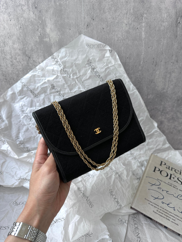 CHANEL Vintage Pre-1985 Canvas & Leather Chain Mini Flap – Early No-Sticker Era 🖤✨ Lightweight, Rare & 100% Authentic