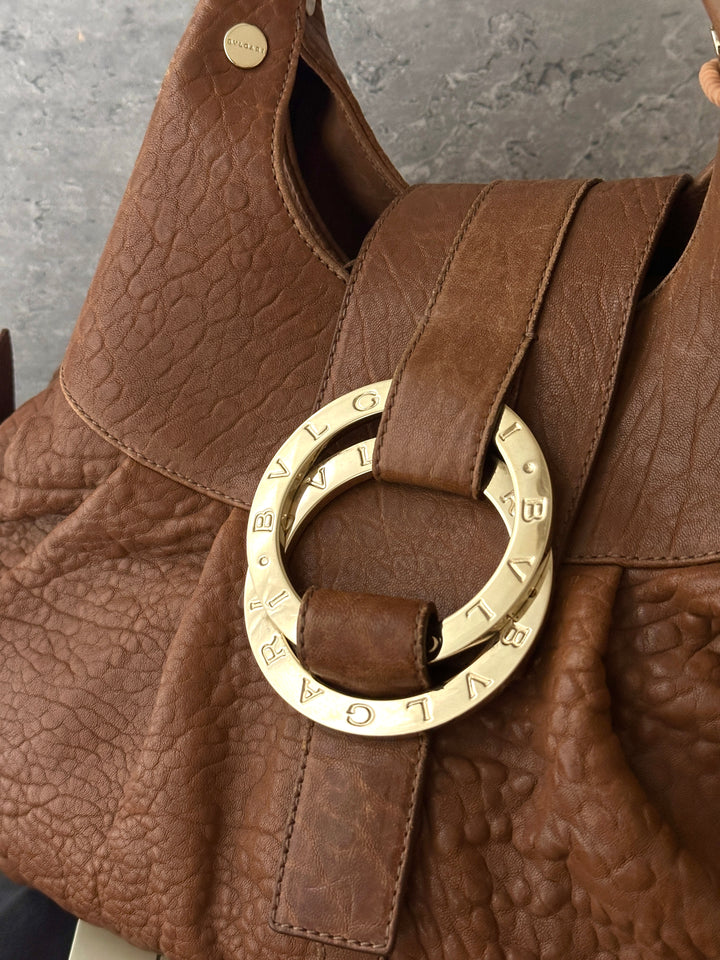 BVLGARI Double Ring Hobo 🤎✨｜Brown Leather・Gold Hardware・Vintage Slouchy Bag