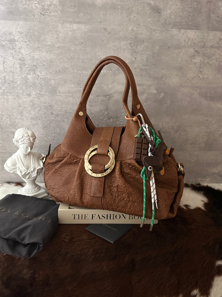 BVLGARI Double Ring Hobo 🤎✨｜Brown Leather・Gold Hardware・Vintage Slouchy Bag