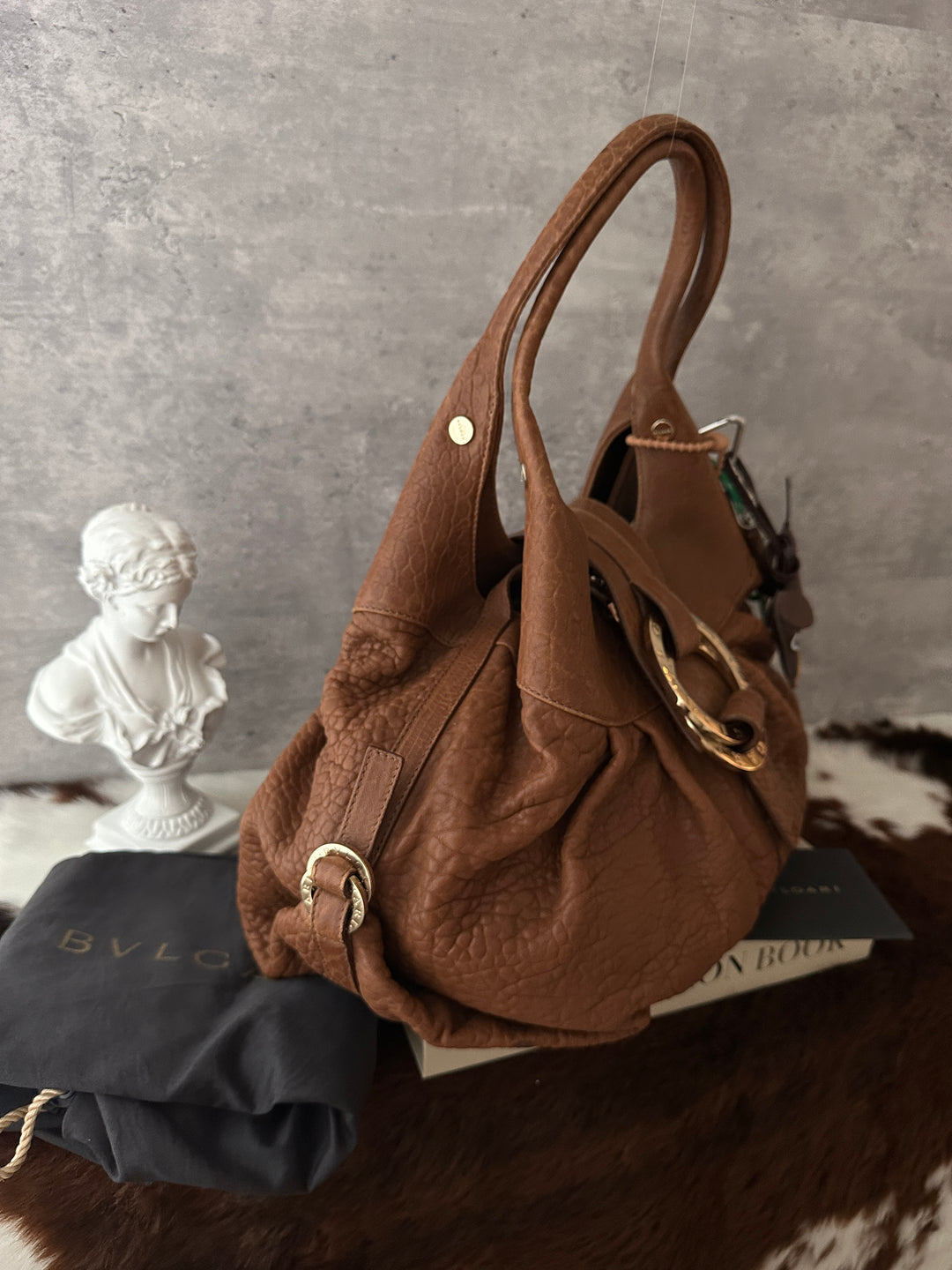 BVLGARI Double Ring Hobo 🤎✨｜Brown Leather・Gold Hardware・Vintage Slouchy Bag
