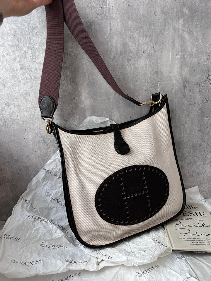 Hermes Evelyne Canvas & Leather Shoulder Bag — Black & Cream 🖤✨ Light, Chic & Versatile