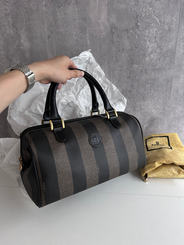 FENDI Vintage Striped Boston Bag – Iconic Zucca Canvas × Timeless Boxy Silhouette 🤎 Roomy, Rare & Highly Wanted
