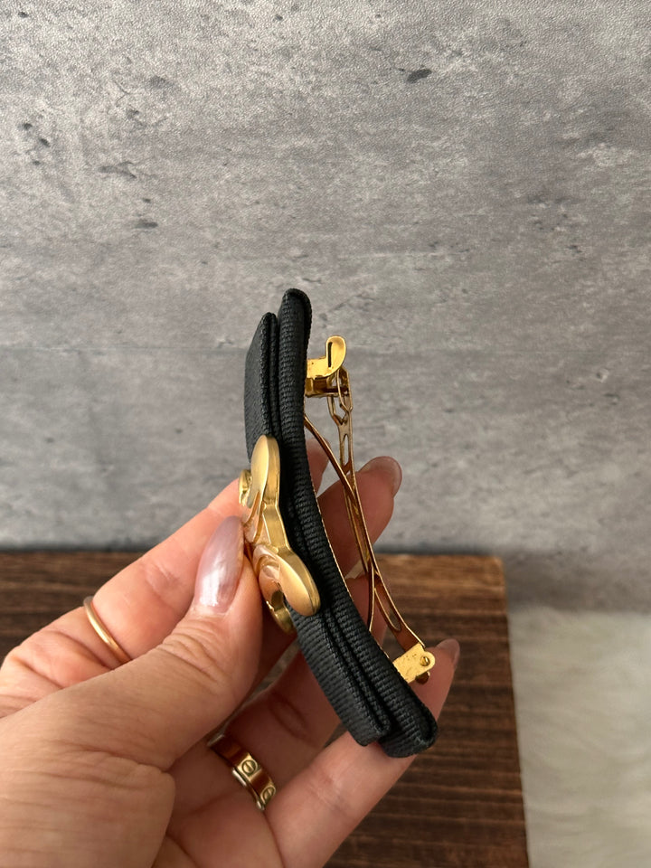 Celine Triomphe Bow Hair Clip 🖤✨｜Gold-Tone Triomphe × Black Grosgrain × Statement Design