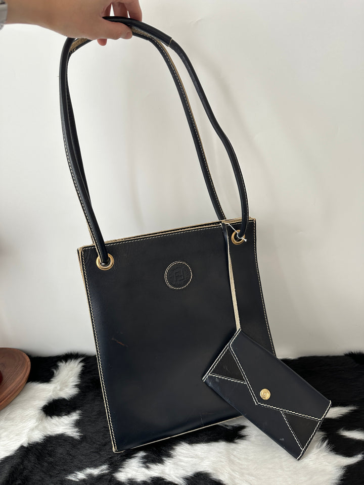 Fendi “Vintage Black Shoulder Bag + Mini Pouch Set” 💙 | Slim, Chic & Perfect for Daily Use