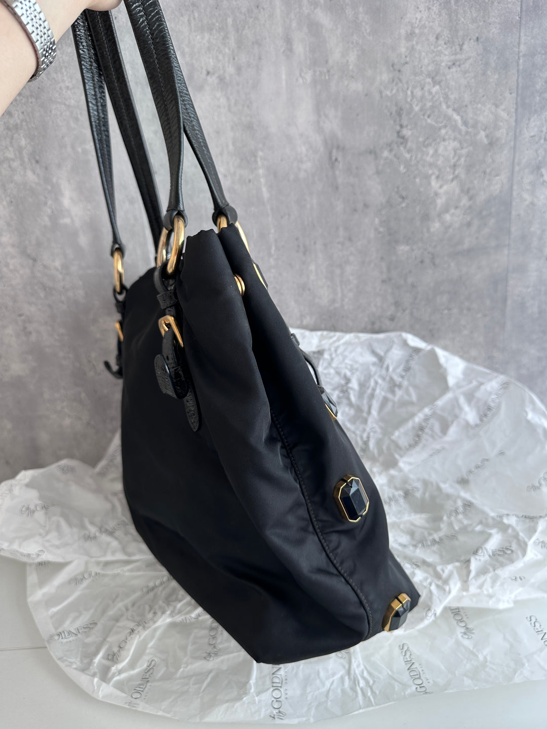 PRADA Black Gemstone Tote – Allover Sparkle × Glazed Leather Handles 🖤
