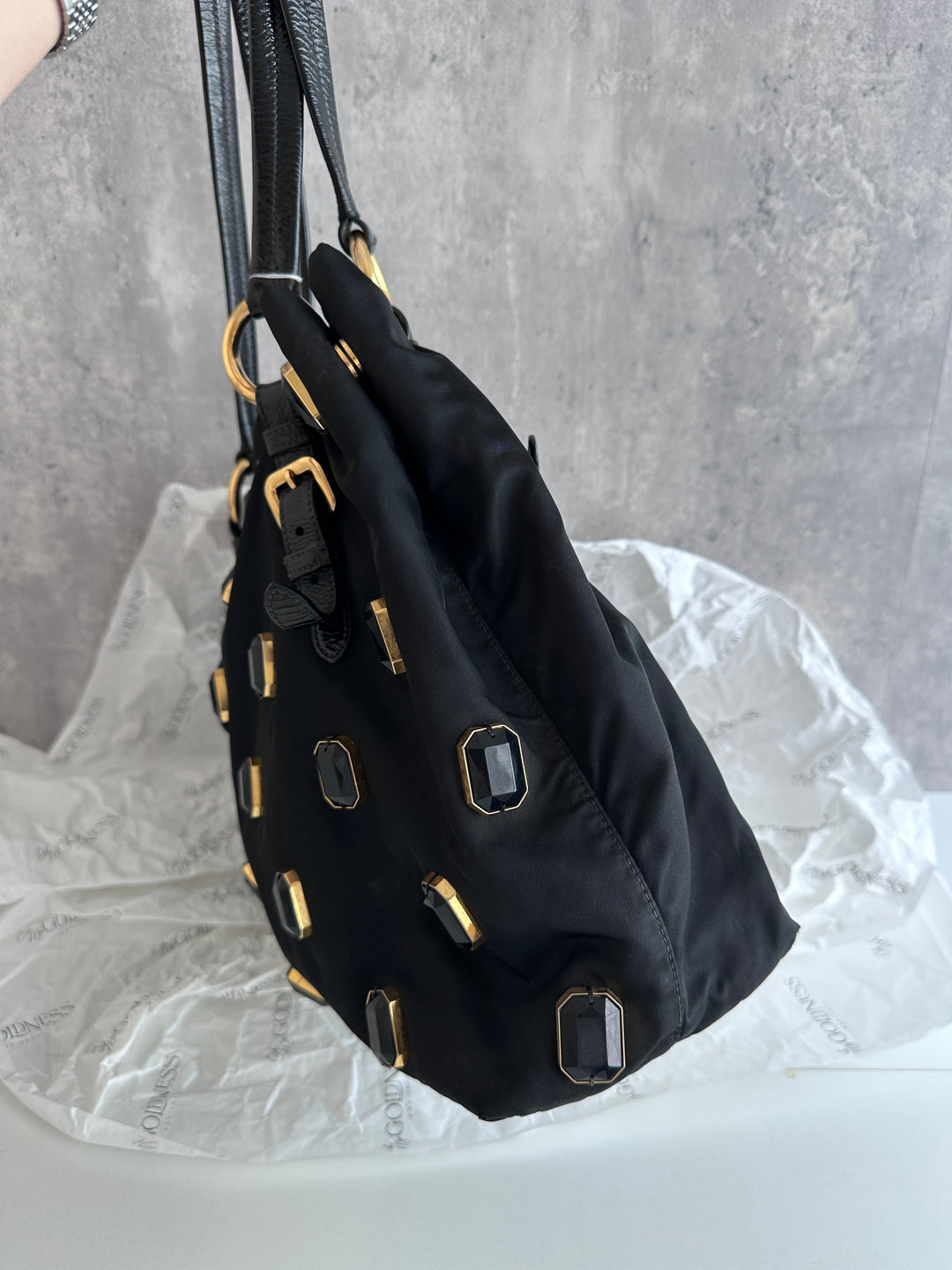 PRADA Black Gemstone Tote – Allover Sparkle × Glazed Leather Handles 🖤