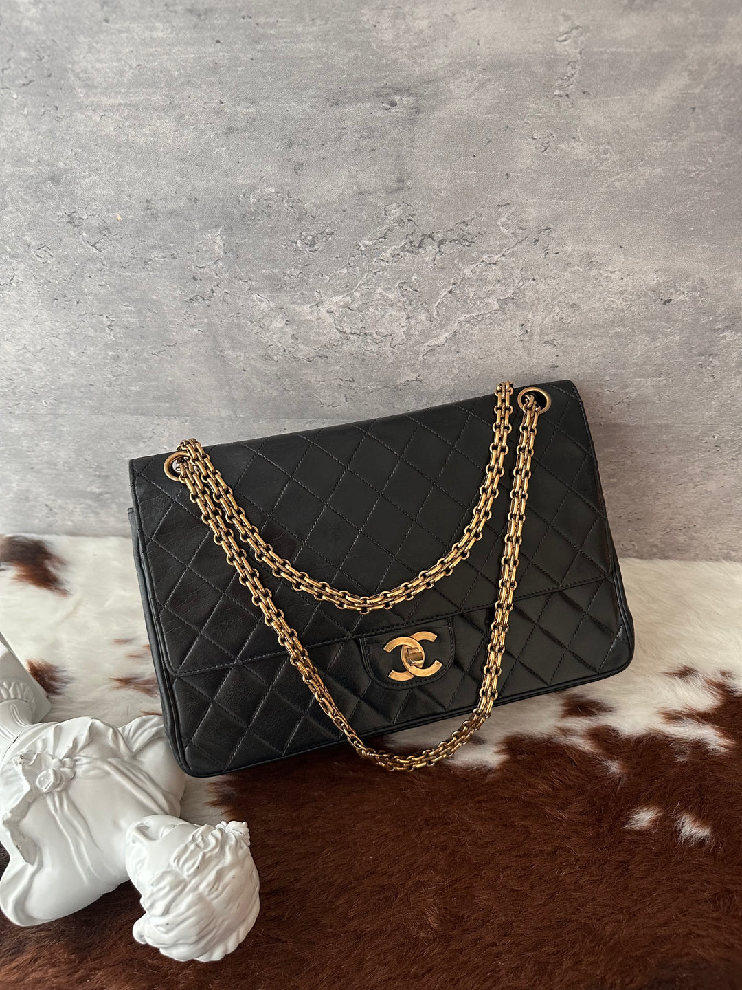 Chanel Vintage Special Edition Double Flap 25cm ✨🖤｜Full Leather × CC Turn-Lock × 2.55-Style Chain