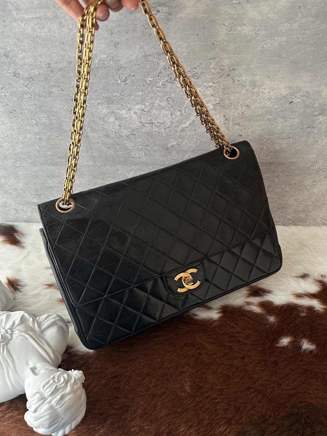 Chanel Vintage Special Edition Double Flap 25cm ✨🖤｜Full Leather × CC Turn-Lock × 2.55-Style Chain