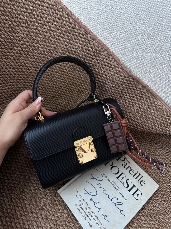FENDI Vintage Padlock Baguette Box Bag — Black Epi Leather with Oversized Gold Clasp 🖤✨ Rare Mini Size