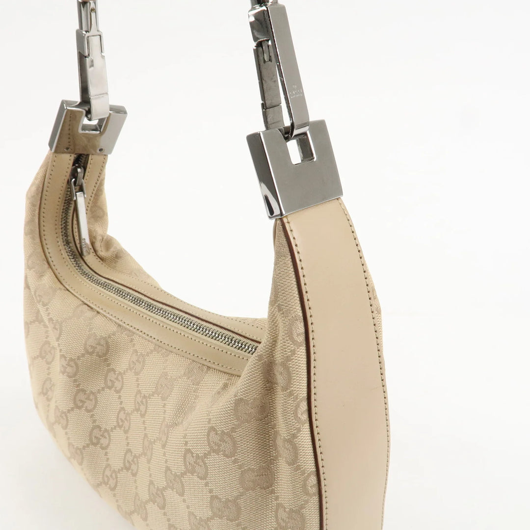 GUCCI GG Canvas Leather Shoulder Bag Beige Silver HDW 01233 Used