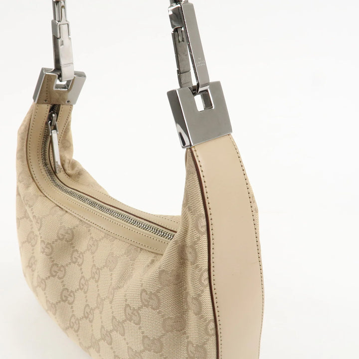 GUCCI GG Canvas Leather Shoulder Bag Beige Silver HDW 01233 Used