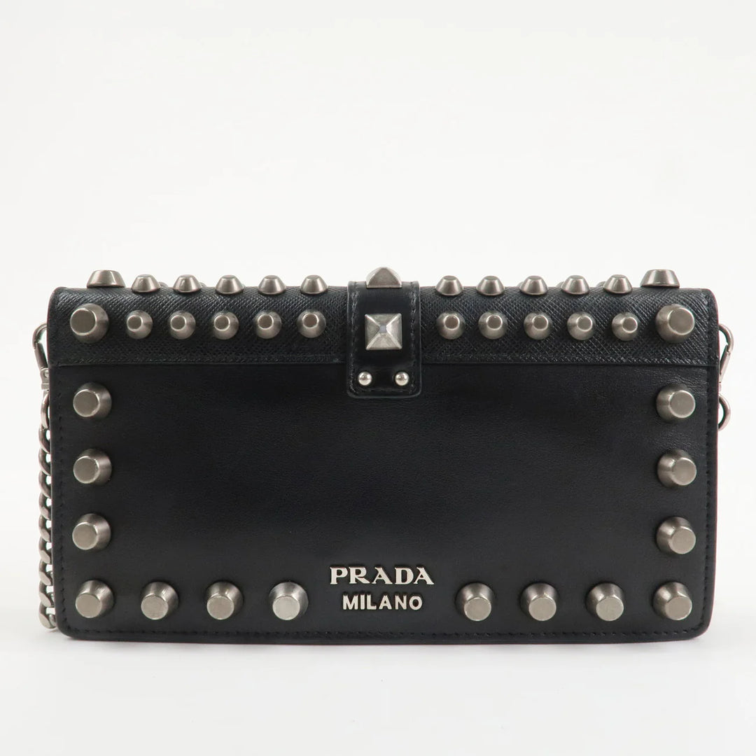 PRADA Leather Studs Chain Wallet Chain Bag Black Used