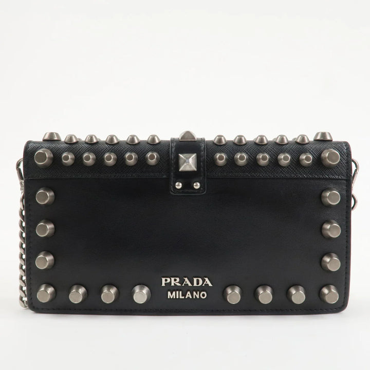 PRADA Leather Studs Chain Wallet Chain Bag Black Used