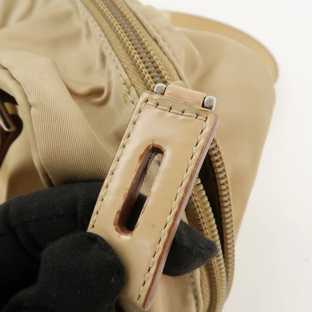PRADA Logo Nylon Patent Leather Mini Boston Bag Beige BR3150