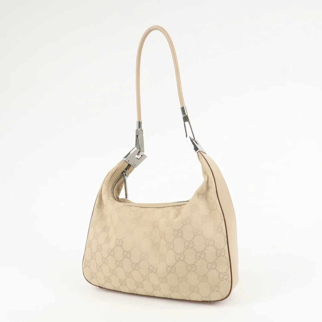 GUCCI GG Canvas Leather Shoulder Bag Beige Silver HDW 01233 Used