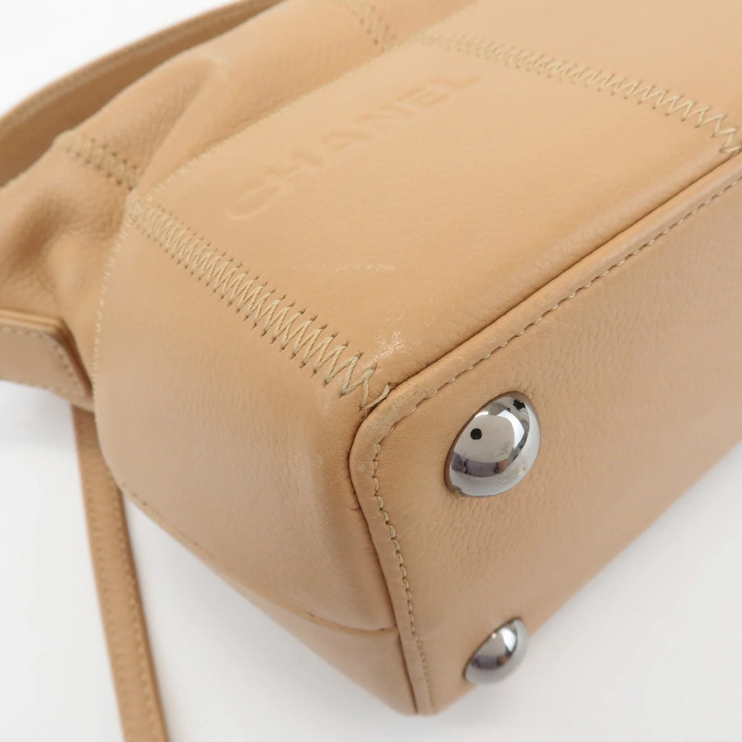 CHANEL Chocolate Bar Wild Stitch Leather Hand Bag Beige Used