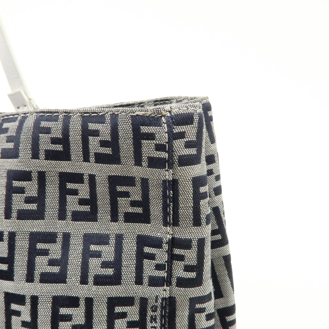 FENDI Zucchino Canvas Leather Tote Bag Hand Bag White Navy 8BH019 Used