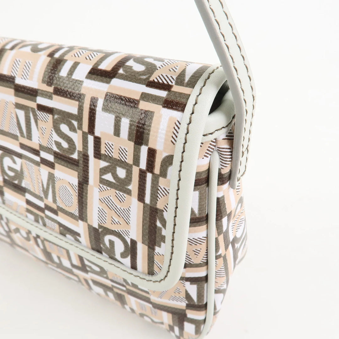 Ferragamo Logo PVC Canvas Leather Shoulder Bag Hand Bag White Gray