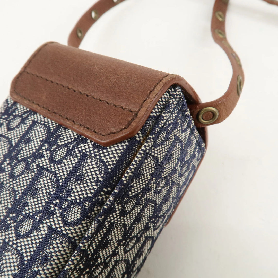 Christian Dior Trotter Canvas Leather Shoulder Bag Navy Brown Used
