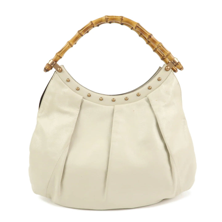 GUCCI Bamboo Leather Tucked Shoulder Bag Hand Bag Ivory 124293