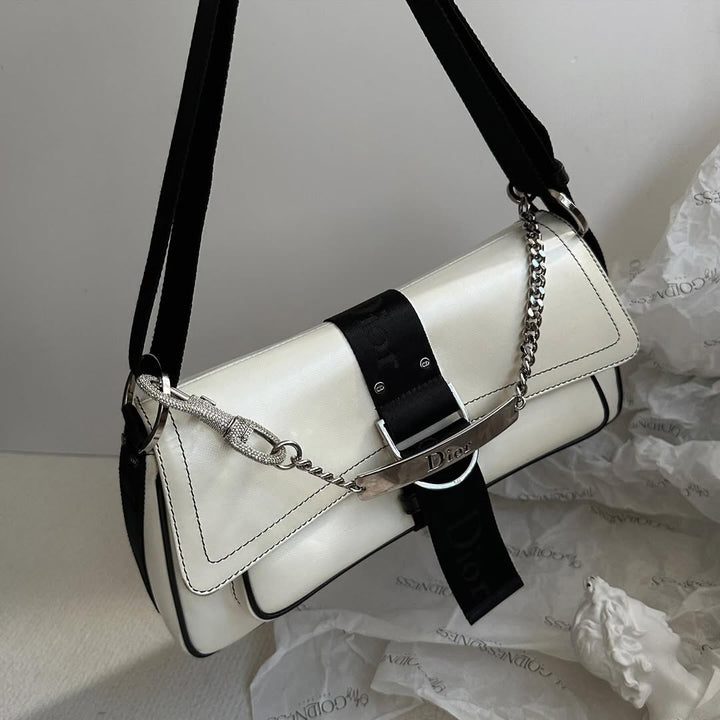 DIOR Punk Shoulder Bag with Rhinestone Buckle（Black & White）｜Y2K Glam × Collectible Icon 🖤✨
