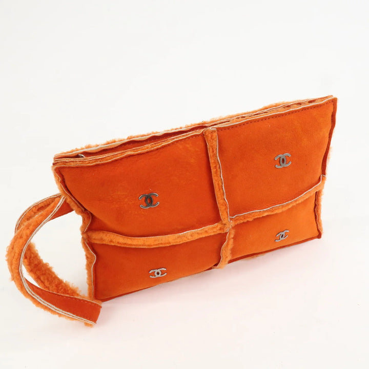 CHANEL Logo Mouton Clutch Bag Cosmetic Pouch Makeup Bag Orange