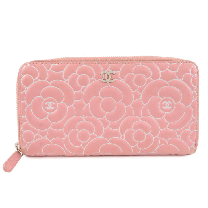 CHANEL Camellia Lamb Skin Long Zippy Wallet Pink A50085 Used