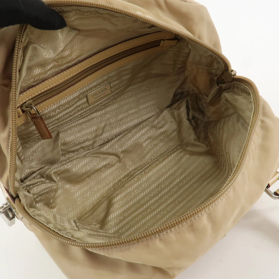 PRADA Logo Nylon Patent Leather Mini Boston Bag Beige BR3150