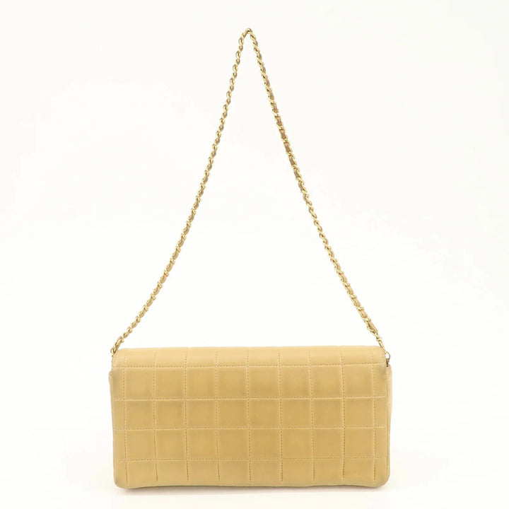 CHANEL Chocolate Bar Lamb Skin Chain Shoulder Bag Beige Gold Used