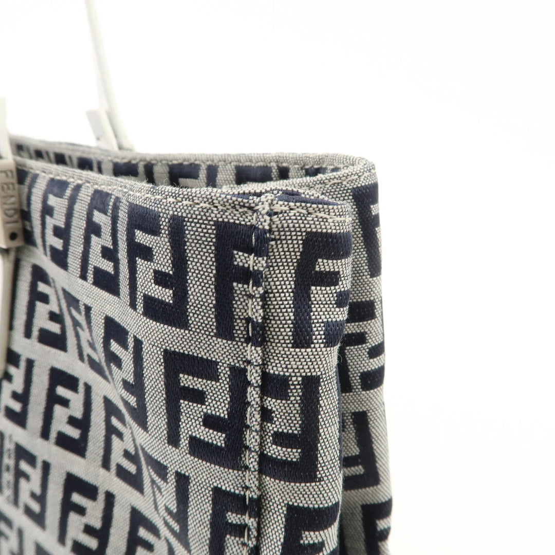 FENDI Zucchino Canvas Leather Tote Bag Hand Bag White Navy 8BH019 Used
