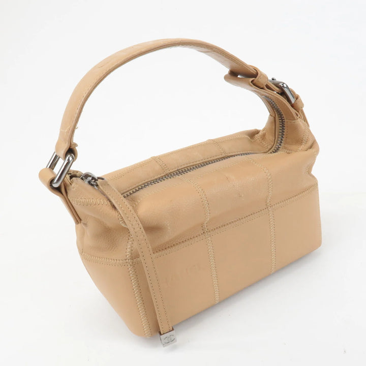 CHANEL Chocolate Bar Wild Stitch Leather Hand Bag Beige Used