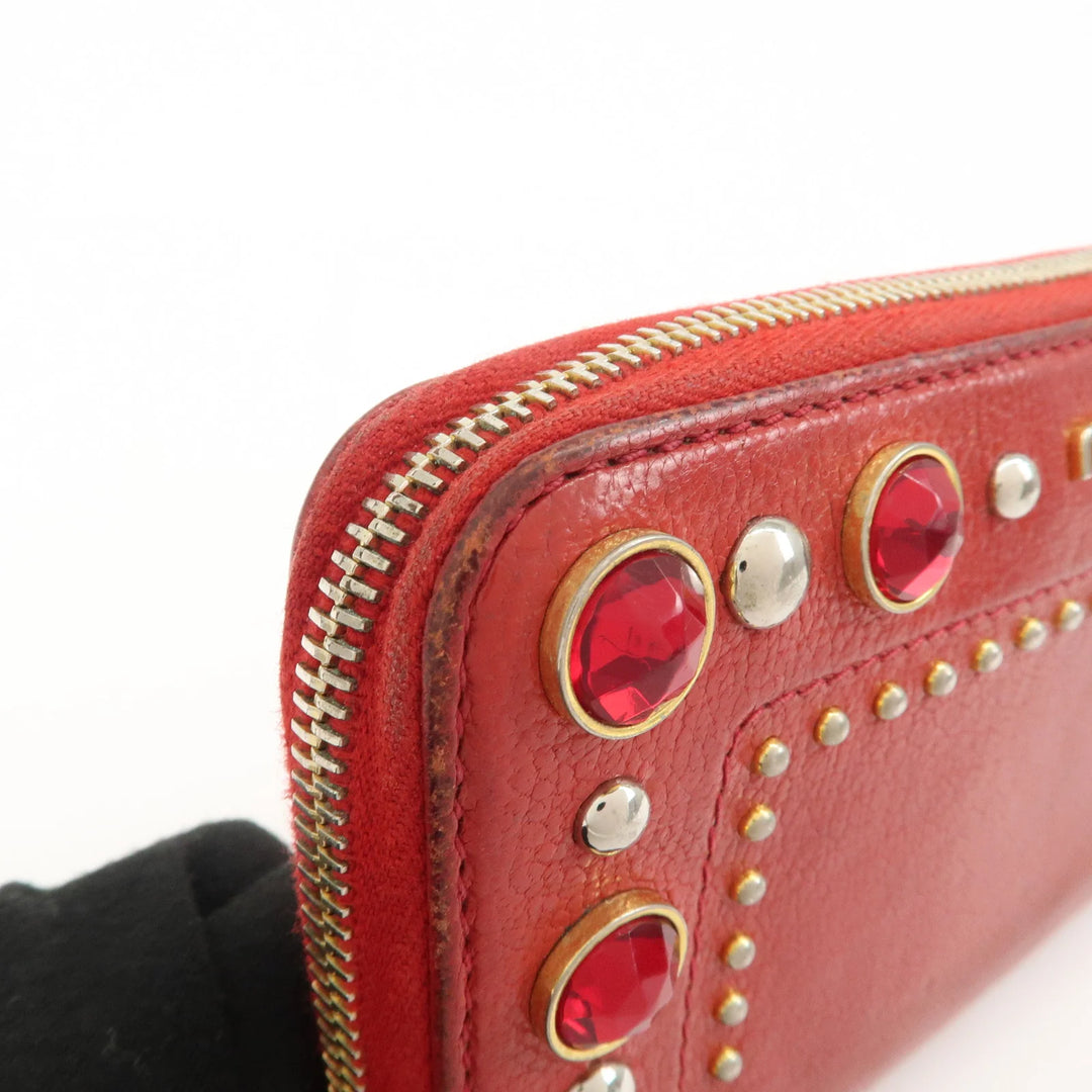 MIU MIU Leather Round Zipper Long Wallet Bijou Studs Red Used