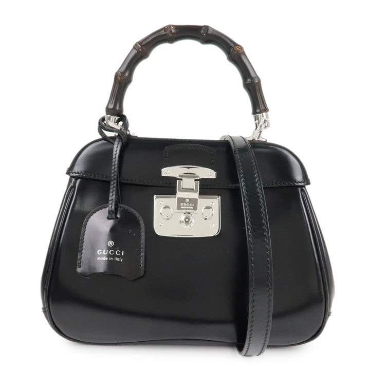 GUCCI Bamboo Leather 2Way Bag Hand Bag Black Handbag 353522 Used