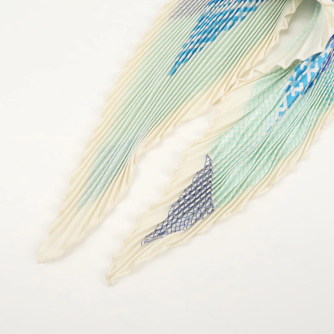 Hermes Pleated Carré Scarf Silk 100% H Logo Blue