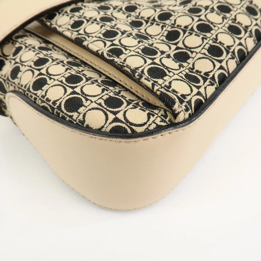 Ferragamo Gancini Canvas Leather Shoulder Bag Hand Bag Beige Black