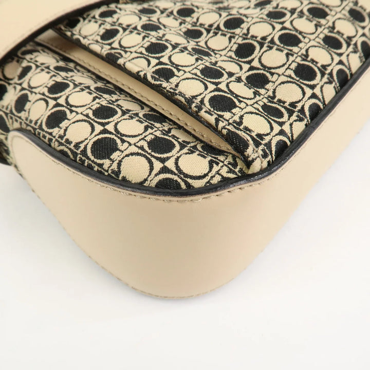 Ferragamo Gancini Canvas Leather Shoulder Bag Hand Bag Beige Black