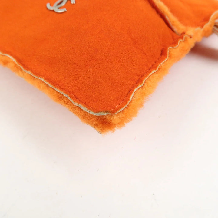 CHANEL Logo Mouton Clutch Bag Cosmetic Pouch Makeup Bag Orange