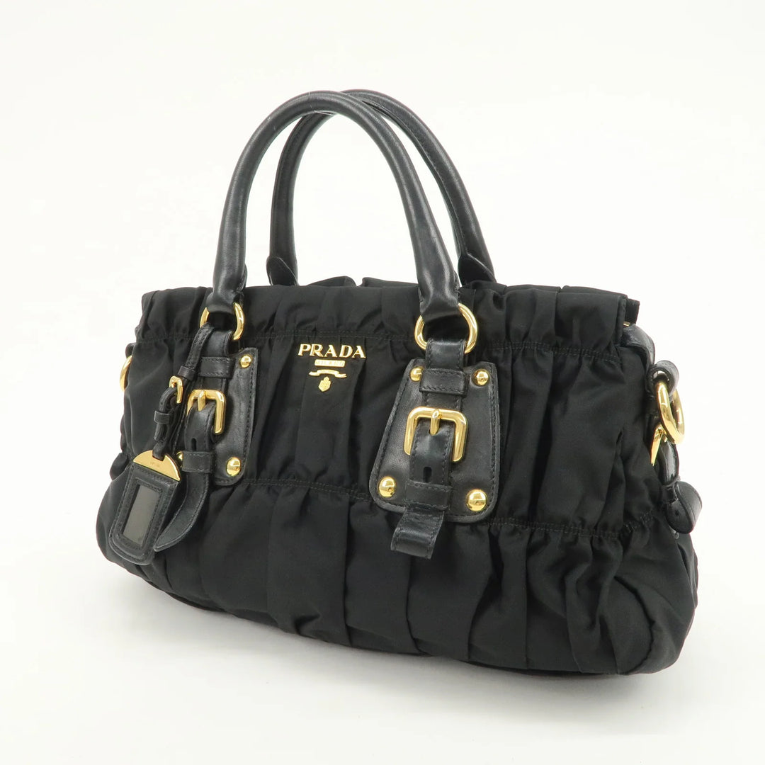 PRADA Nylon Leather Gathered 2Way Hand Shoulder Bag Black BN1407