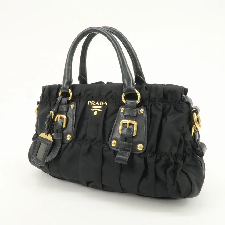 PRADA Nylon Leather Gathered 2Way Hand Shoulder Bag Black BN1407