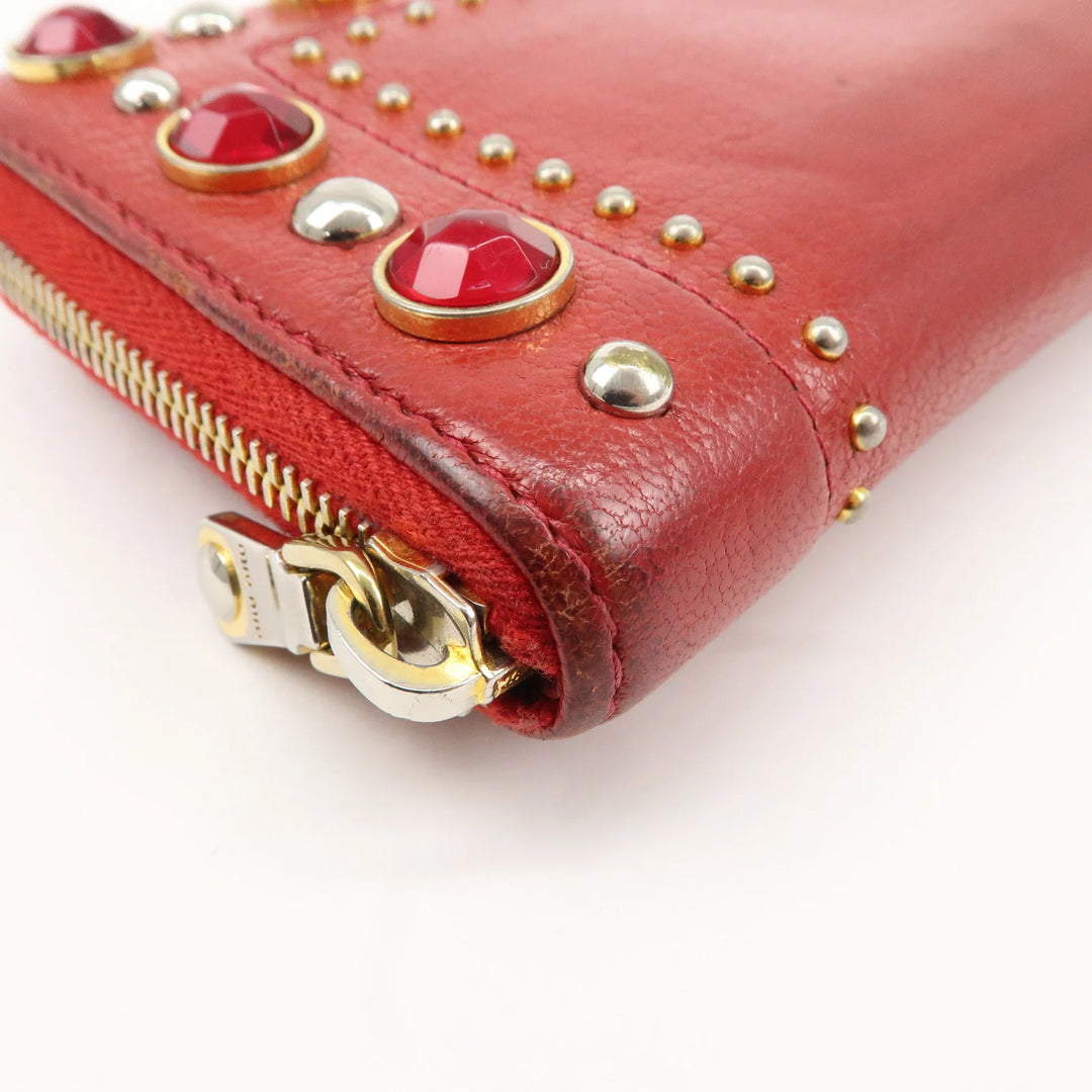 MIU MIU Leather Round Zipper Long Wallet Bijou Studs Red Used