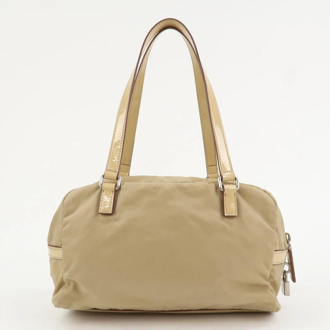 PRADA Logo Nylon Patent Leather Mini Boston Bag Beige BR3150