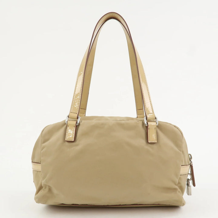 PRADA Logo Nylon Patent Leather Mini Boston Bag Beige BR3150