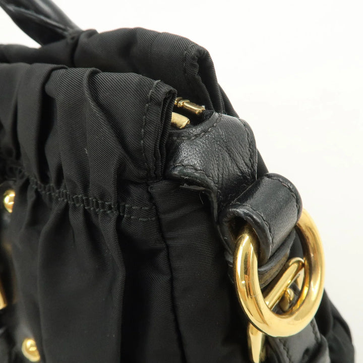 PRADA Nylon Leather Gathered 2Way Hand Shoulder Bag Black BN1407