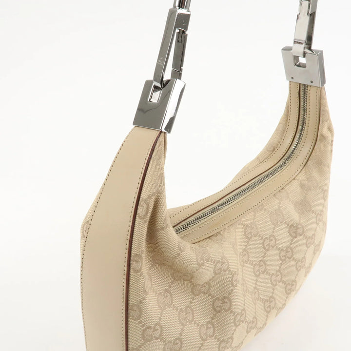 GUCCI GG Canvas Leather Shoulder Bag Beige Silver HDW 01233 Used