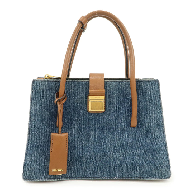 MIU MIU Madras Convertible Denim Leather 2Way Bag Hand Bag 5BA104