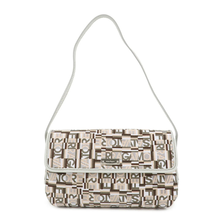 Ferragamo Logo PVC Canvas Leather Shoulder Bag Hand Bag White Gray
