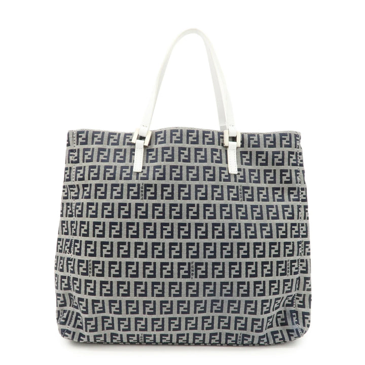 FENDI Zucchino Canvas Leather Tote Bag Hand Bag White Navy 8BH019 Used
